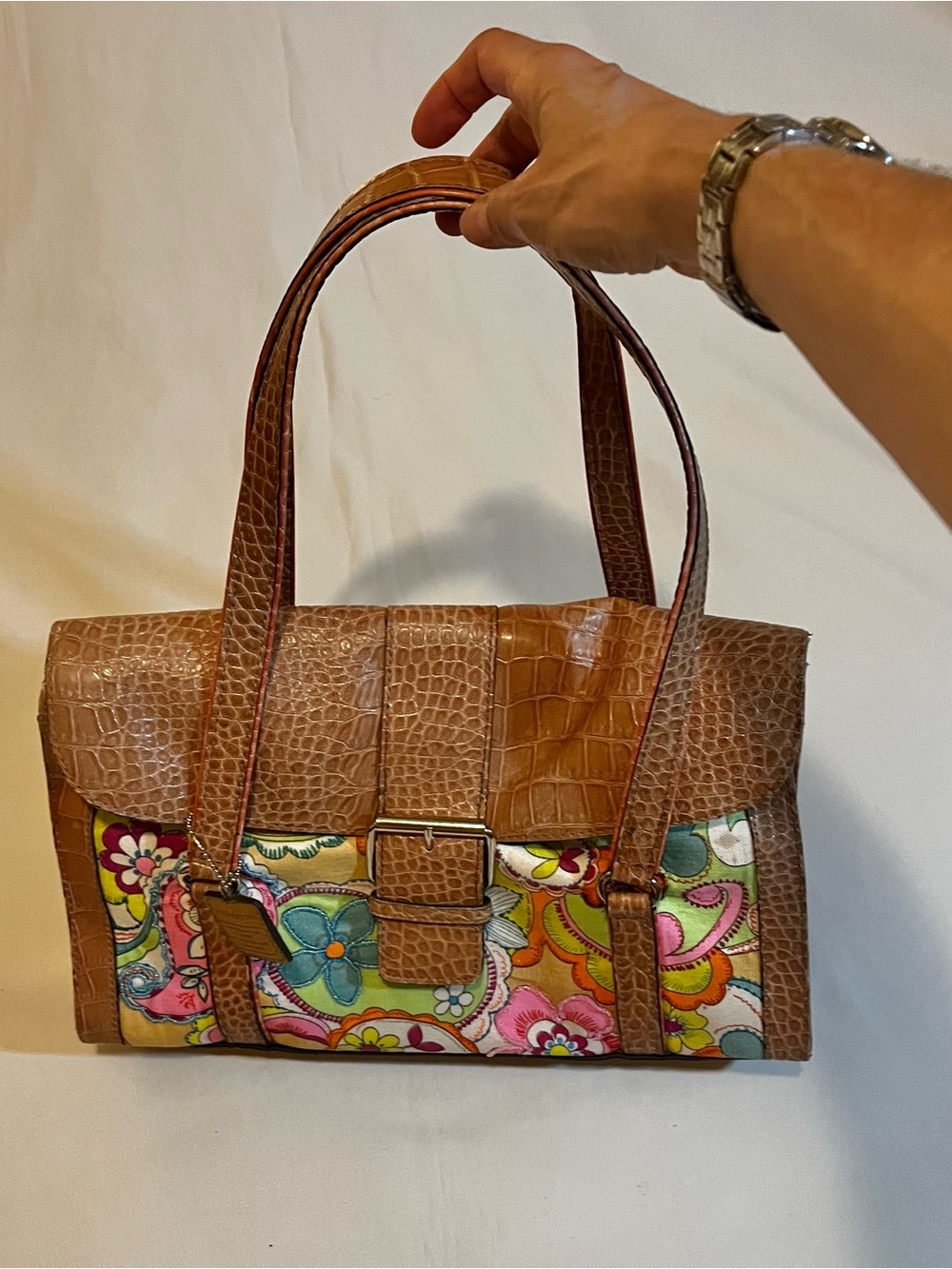 Liz Claiborne Brown Croc-Texture Shoulder Bag with Colorful Floral Panel